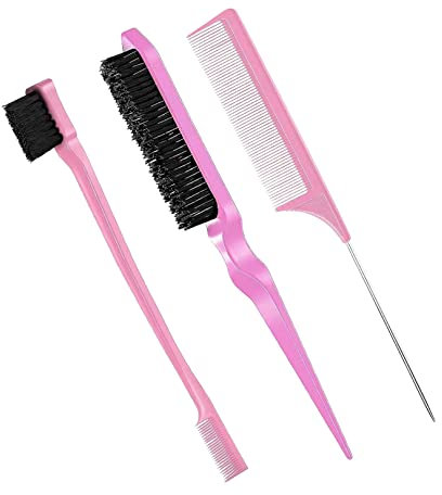 foris Hair Brush & Comb Set: Slick Back Bristle Brush, Teasing Rat Tail Comb, Double Sided Edges Grooming Tools for Women & Kids, Pink