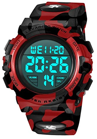 aswan watch Digital klocka för flickor och pojkar med stoppur, kalender, Väckarklocka och ljus-Sport Barnklocka med silikonrem-S/M, 14-röd Militär, S, rem