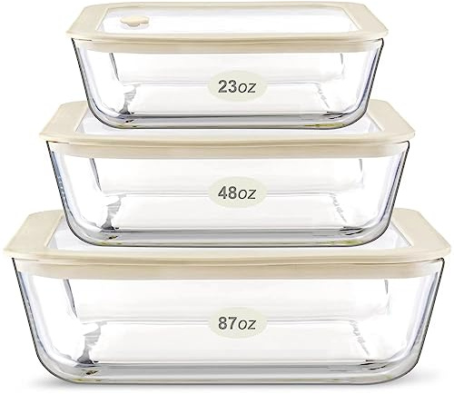 Urban Green Glass Food Container Set with Silicone Glass Lid, 3 Pack, Airtight, LeakProof, 100% Plastic Free, Meal Prep Containers (White Color)
