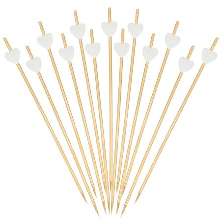 Catelves 100 palillos de madera para cócteles, con corazones blancos, palillos de madera de 12 cm, brochetas de frutas, brochetas de fiesta, hamburguesas, accesorios de cóctel, decoración para