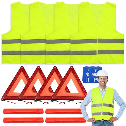 Hengrongshen 4 Stücke Warnwesten Auto, 4 Stücke Warndreieck Kfz und 2 EIN Temporäres Parkschild für Autos, Warndreieck Auto Auto-Verkehrssicherheitsset
