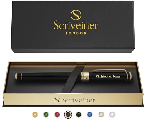 Scriveiner Schwarzer Tintenroller Personalisierter Stift - Atemberaubender Luxus Tiefschwarzer Lack Und Gold Finish, Schmidt Tinte, Bestes Graviertes Tintenroller Geschenkset, Custom Name Gravur