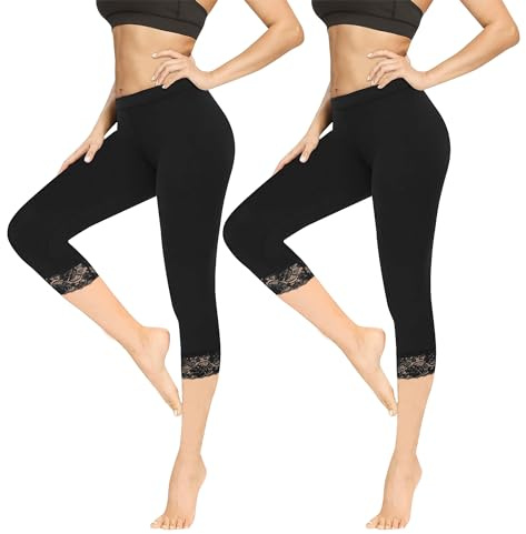 Geyuwoz 2 Par Leggings för Kvinnor 3/4 Sportiga Leggings för Kvinnor i Bomull Capribyxor för Kvinnor Sommarbukser med Matt Kant och Spets Yoga Leggings Elastiska Mjuka för Sport eller Casual Svart BL