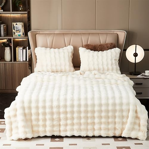 Couverture en peluche pour le canapé - Couverture en fausse fourrure de lapin super douce, couvertures mignonnes pour les femmes, couvertures légères et chaudes pour le lit, le canapé, le sofa (Blanc)