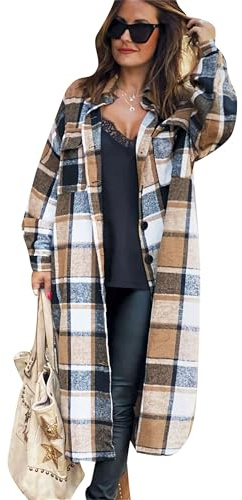 EFOFEI Femmes Casual Check Blouse Oversize Automne Outwear Flanelle Classique Plaid Shirts Tweed Long Jackets Button Down Pocket Shirt Marron M