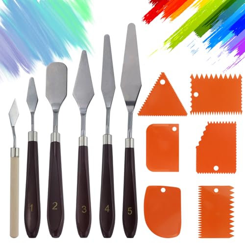 Masilla estructural, juego de 12 espátulas acrílicas – 5 paletas de cuchillo+6 cuchillas rascadora+1 cuchillo para pintura al óleo artificial, espátula acrílica, material de artista para pintura
