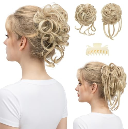 SARLA 2PCS Blonde Messy Bun Hair Pieces for Women Detachable Claw Clip Wavy Curly Synthetic Hairpieces for Updos with Tendrils Fake Scrunchies Ponytail Extension Dirty Blonde
