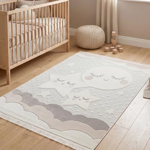 RUGURA Alfombra Infantil Habitación Niña Niño Dormitorio Nubes Estrellas Arcoiris Animales 120x170cm Gris Claro Beige Crema