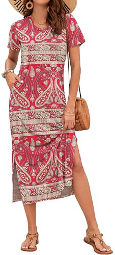 AUSELILY Summer Dress for Women Short Sleeve Maxi Beach Dress V Neck Sundress Slit Dress with Pockets Elegant Dresses Boho Floral Red L