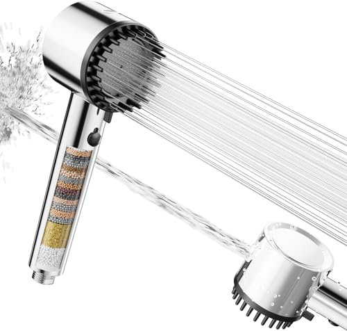 Cobbe Soffione doccia con filtro, soffione doccia ad alta pressione con filtro a 20 fasi, 5 modalità di spruzzo, potente lavaggio integrato per rimuovere il cloro, allevia il prurito cutaneo (Cromo)