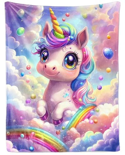 FEELJAM Couverture licorne pour enfant fille, en flanelle, couverture de canapé, plaid licorne avec nuages multicolores, 150 x 200 cm