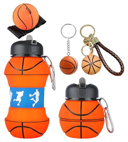 GlibberToy 550 ml Bouteille d'eau en Silicone pour le Basketball,Gobelet sportif sans BPA avec Porte-clés Basketball, Balles De Bande De Poignet, Gourde pour Enfants et Adultes, Gourde Pliable