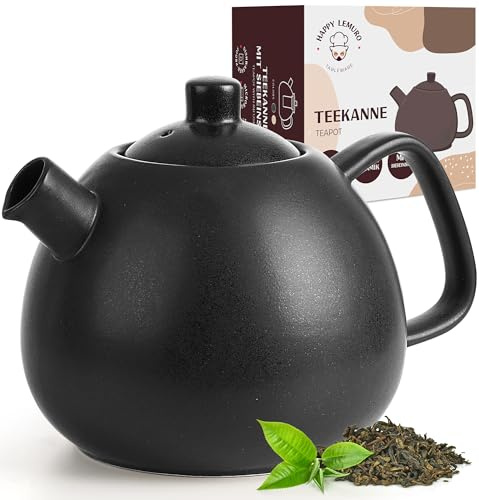 Happy Lemuro Große Teekanne mit Siebeinsatz - 1,4 l - Teekanne Keramik - moderne Tee Kanne mit Sieb für losen Tee, robust & aromaneutral (Anthrazit)