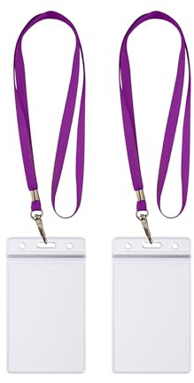 WEBBOMB Funda para tarjetas de identificación con cierre zip, impermeable, con cordón, funda protectora horizontal y vertical, transparente para 1-2 tarjetas y tarjetas (morado_vertical)