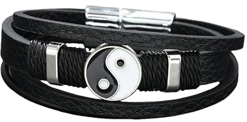 Bracciale In Pelle Yin Yang Per Uomo Con Ciondolo Tai Chi, Cinturino In Pelle Con Chiusura Magnetica, Braccialetto Avvolgente Intrecciato Multistrato, Gioielli Spirituali Per Amici, Coppia, Nero, 20