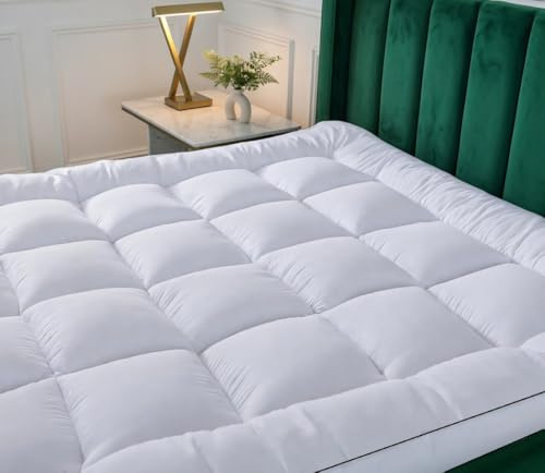 Extra Thick Single Mattress Topper Heavy Filling (2Inch/5 cm) Quilted Soft Supportive Fluffy, Breathable, Box Stitched Mattress Pad Strong Corner Elastic Straps Machine Washable (Single)