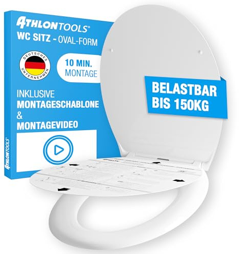 ATHLON TOOLS Toilettendeckel mit Absenkautomatik O-Form – Duroplast WC Sitz, Soft-Close & Quick-Release – Antibakterielle, kratzfeste & UV-beständige Klobrille inkl. Installationsschablone
