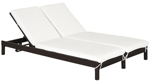 Outsunny Lettino Prendisole a 2 Posti, Sdraio in Acciaio e Rattan, Schienale Regolabile, 196 x 120 x 28cm Marrone e Bianco Crema