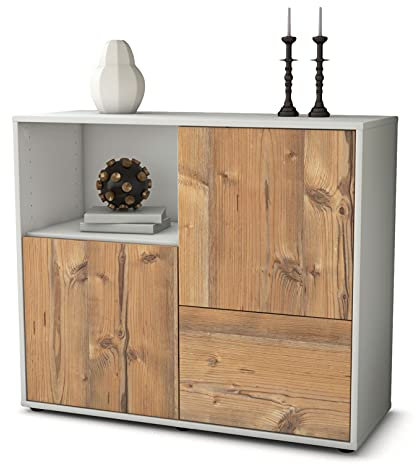 Stil.Zeit Sideboard Adam, Korpus Weiss matt, Front Holz-Design Pinie (92x79x35cm) Push-to-Open Technik & Leichtlaufschienen