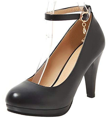 Escarpins Habillés Femme, Escarpins Cônique Elegant Chaussures de Mariage Talons Hauts Bout Rond Bride Cheville avec Plateforme Boucle Noir Taille 42 EU