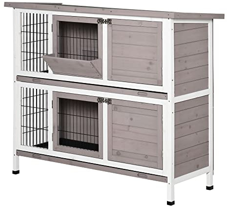 PawHut Cage pour Lapin 2 Niveaux 122 x 50 x 101cm Gris Blanc