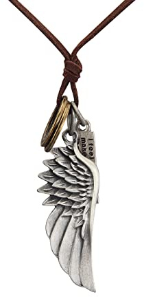 Popeoiuh Retro Style Angel Wings Pendant Necklace Unisex Sweater Necklace for Mens Womens with Adjustable Brown Leather Cord