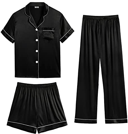 SWOMOG Womens Satin Pyjama Sets Ladies Silk Nightwear 3 Piece Short Sleeve Pj Button Down Sleepwear Set M Deep Black
