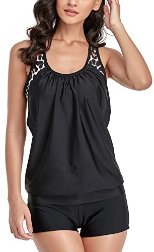 IHCEMIH Maillot de Bain 2 Pieces Femme Tankini Push up Rembourre Amincissant Taille Haute Mayo Maillots Bain Piscine Plage Natation Été Vintage Monokini Top Bikini Boxer Short Ensemble Madame Noir L.