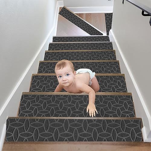 15PCS Alfombra Antideslizante para escaleras, Interior Alfombrillas de Escalera para Peldaños Autoadhesiva Amortigua Sonidos Protección, Pisadas Antideslizantes para Niños, Ancianos, Animales 76x20cm