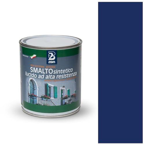 2BM Smalto Sintetico ad Alta Resistenza Blu Zaffiro RAL5003 a Solvente Brillante Inodore, Non Ingiallente, Adatto a Legno, Metallo e Muro, Per Interni ed Esterni | Formato 0,75 lt