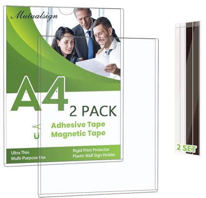 Set di 2, Supporto per Cartelli da Parete A4 Supporto Magnetico per Cartelli, Protezioni per Stampe Rigide con Nastri Adesivi e Magnetici, Supporto da Parete in Plastica per Carta per Ufficio, Negozio