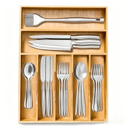 Cutlery Drawer Organiser, Wood Silverware Drawer Organizer, Kitchen Utensil Holder with Dividers, Multi-Function Storage for Flatware Forks Spoon Knives,12.2''x16.14''(7 Slots)