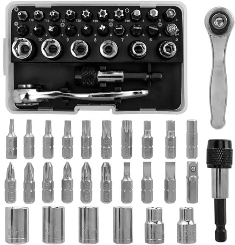 Mesee Set di 28 Chiavi a Cricchetto 1/4 con 72 Denti Reversibili - in Acciaio Cr-V - Comprende Mini Chiavi a Luna, Bussola e Punte Cacciavite - Ideale per Riparazioni Auto, DIY e Lavori Meccanici