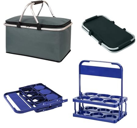 Panier à provisions pliable, sac isotherme pliable, porte-bouteilles, 6 bouteilles, paniers + 2 porte-bières, pour pique-nique, barbecue, camping, excursions, courses (gris, panier à provisions +