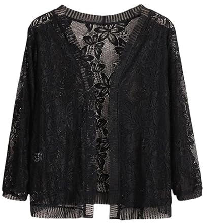 Gilet Court Femme,Boléro pour Femme, Léger, Manches 3/4, Ouvert sur Le Devant, en Dentelle Au Crochet, Veste De Soirée D'Été, Manteau Court Décontracté pour Robe, Caraco, Noir, XS