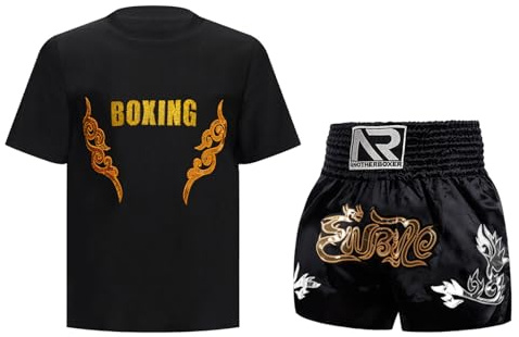 Oyolan Barn pojke boxning shorts och T-shirt boxningsset kampboxningsset Muay Thai MMA sparkar boxning outfit, C guld svart, 9-10 ans