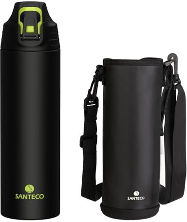 SANTECO Borraccia con chiusura di sicurezza anti-perdita, thermos in acciaio inox da 1l senza BPA, bottiglia termica con sacchetto da trasporto, borraccia per acqua lavabile in lavastoviglie per