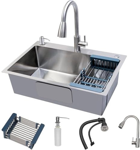 Lavello da cucina a goccia in acciaio inossidabile con vasca singola stazione di lavoro con cestello filtro superiore lavello per ristorante lavanderia e garage