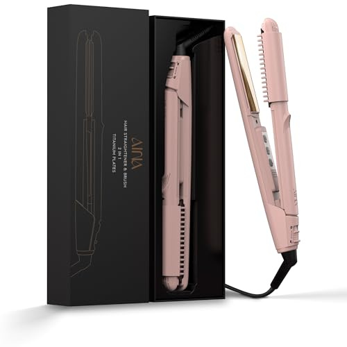 AINA Lisseur, fer à lisser avec brosse | Plaques en titane Dual Voltage Lisseur 2 en1 | Dissoudre les frisottis emmêlés (Rose)