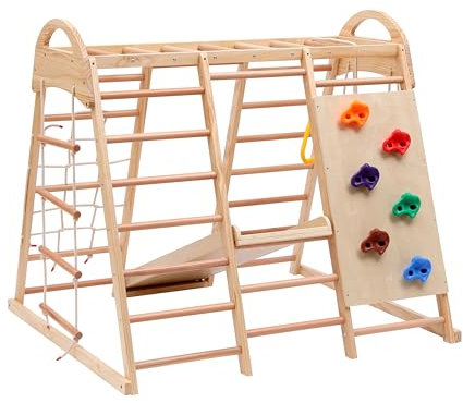 Conjunto de escalada multifuncional 7 en 1 para interiores: equipo de gimnasio con tobogán, muro de escalada, barras de mono, escaleras de madera y cuerda, cuerda de escalada y columpio