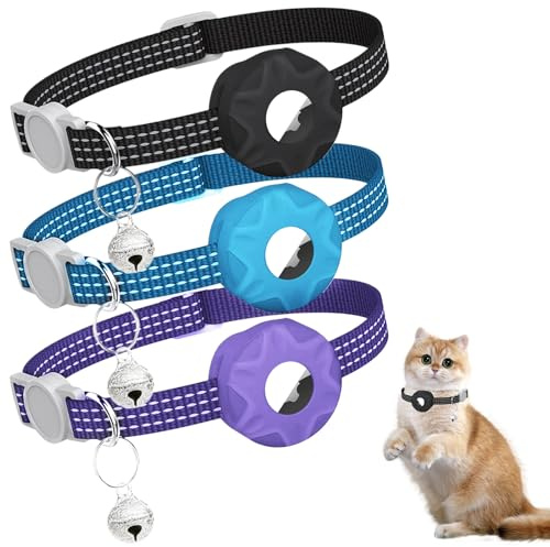Katzenhalsband Kompatibel mit AirTag, [3er Pack] Reflektierendes GPS Katzenhalsband mit Sicherheitsverschluss, Glocke, Verstellbar 20-31cm, Leicht Langlebig