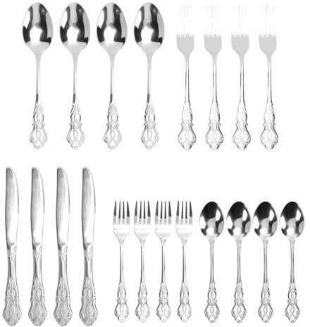 Qudinip Juego de Cubiertos, Juego de Cubiertos de Acero Inoxidable Vintage Apto para Lavavajillas, 4 Tenedores para Cena, 4 Cucharas para Cena, 4 Tenedores para Ensalada, 4 Cucharas de (Plata)