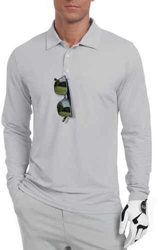 QIXING Men's Golf Polo Shirts Long Sleeve UPF 50+ Lightweight，Quick Dry Performance Collar Summer Tops for Golf, Fishing, Tennis, Casual (Gray, L)