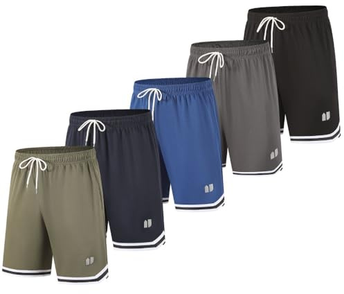 fovdtaa Confezione da 5 pantaloncini sportivi da uomo, ad asciugatura rapida, per palestra, corsa, fitness, allenamento, con tasche e elastico in vita, Nero, grigio, blu, blu marino, verde, S