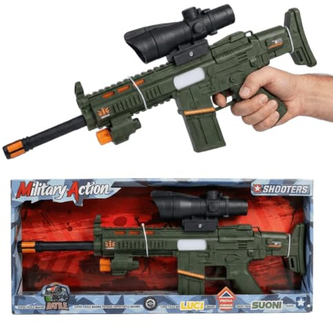 Super Fucile con Luci e Suoni, Mitra Militare, Mitraglia con Mirino e Grilletto senza Proiettili, Giocattolo Regalo da Combattimento, Sicuro per Bambini e Leggero, Confezione Regalo, 49x20 cm
