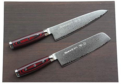 Damaskkniv-set Yaxell SUPER GOU 161 – kockkniv nakiri-grönsakskniv – skärkärna av pulverstål 63HRC skärbräda av wenge trä