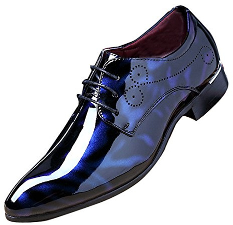 Mens Fashion Floral Patent Derby Shoes Lace Up Formal Business Shoes Pointed Toe Shiny Flat Faux Leather Dress Shoes Blue 7 UK