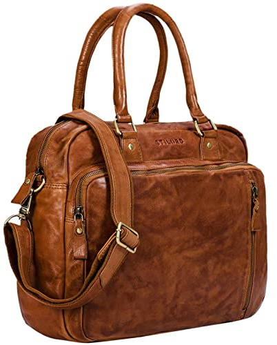 STILORD Amilia Businesstasche Damen Leder Vintage Aktentasche mit 13,3 Zoll Laptopfach für MacBook große Umhängetasche aus echtem Rindsleder Farbe:Ocker - braun