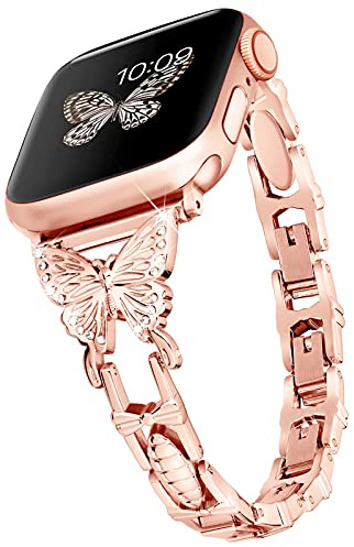 wipalor Schmetterling Band für Apple Watch Armbands Damen 46 mm 44 mm 45 mm 49 mm, Süße Bling-Diamanten Metall iWatch Armbands Serie 10 9 8 7 6 5 4 2 1 Se Ultra-Roségold