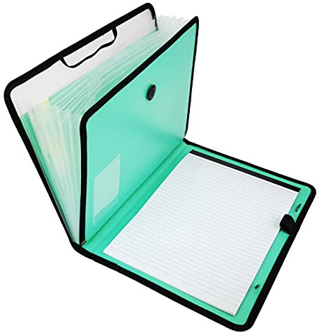 D.RECT Aktentasche Notizbuch im Set Fächermappe Ordnungsmappe Erweiterbar Tragbar Aktenordner Dokumentenmappen, runder Gummizug mit Verschlussknopf, 7 Fächer A4 Pfefferminz